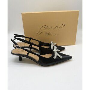 Jewel Badgley Mischka Krystia Black Patent Slingback Heels Pearl Bow 7.5 NEW